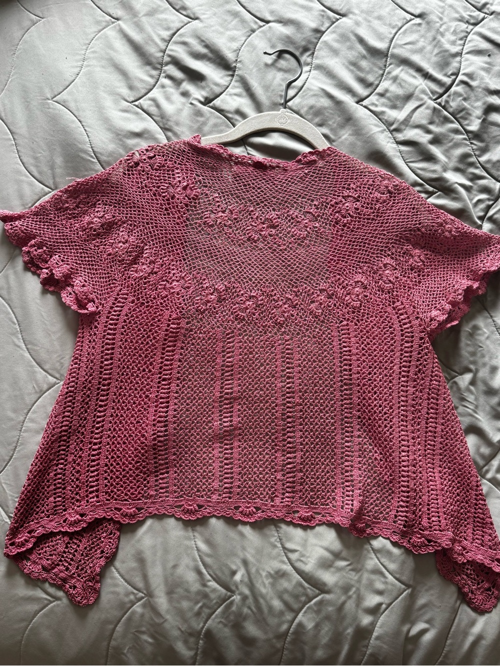 Vintage Pink Crochet Openwork Short-Sleeve Cardigan - Picture 2 of 7